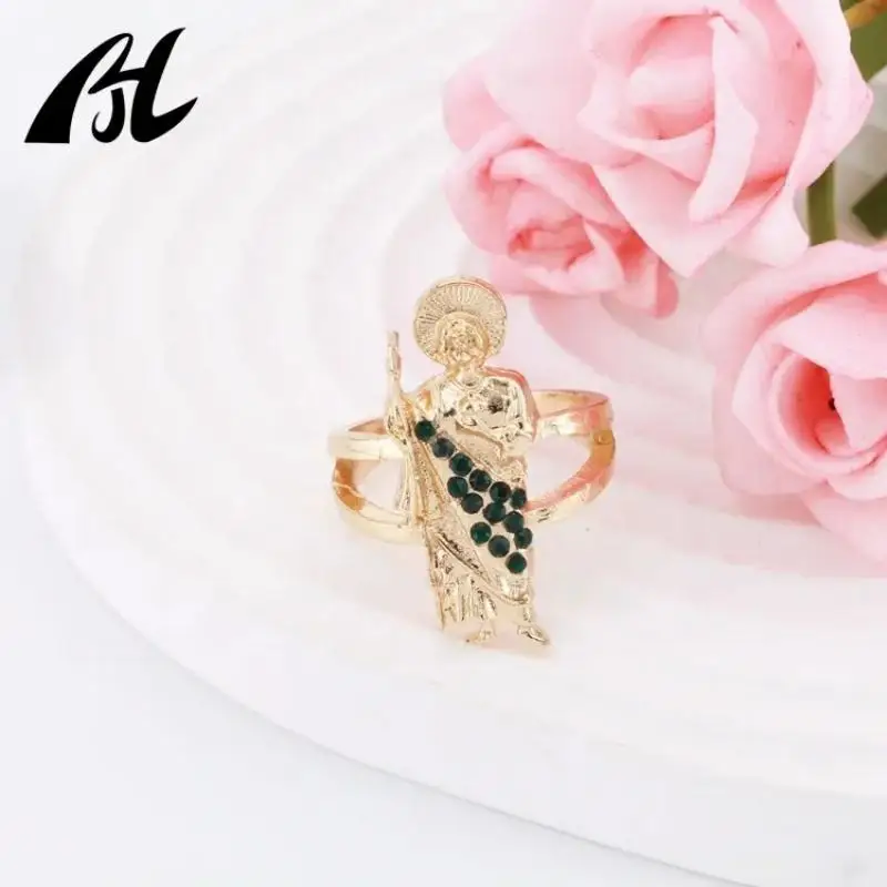 Popular Gold-plated Opening Size Ring St Jude san judas tadeo Jewelry White Green Zircon Copper For Man Women