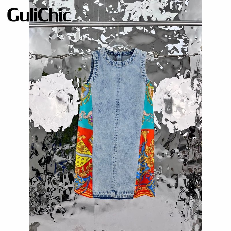 

5.6 GuliChic Women Vintage Round Neck Print Patchwork Contrast Color Casual Sleeveless Denim Dress