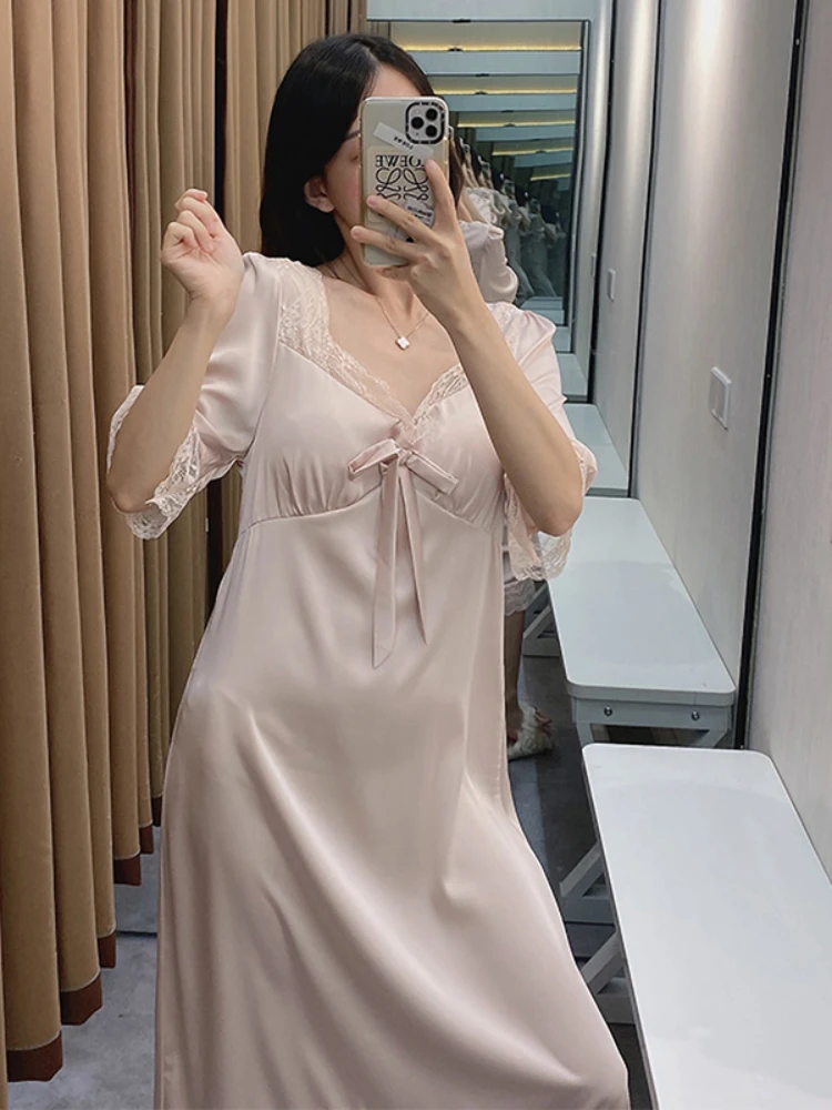 Summer Autumn Nightgowns & Sleepshirts French Women's Short Satin Sleepwear Home Nightshirt Women Causal Ladies Long Women Dress