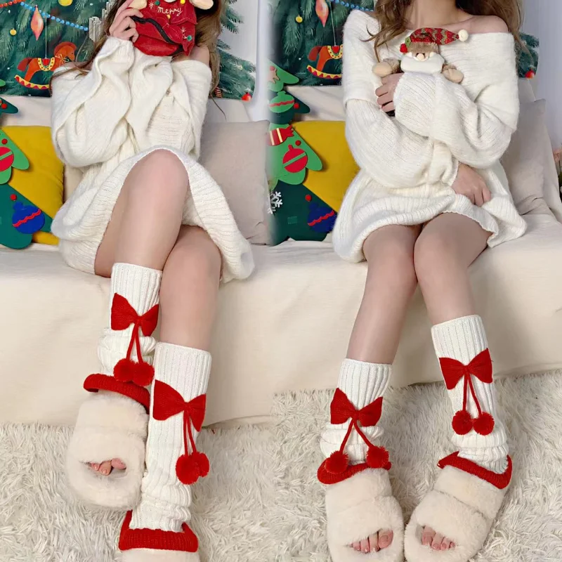 Christmas Harajuku Leg Warmer Women Gyaru Leg Warmers Kawaii Knitted Bow Socks Lolita Winter Leg Cover Y2k JK Boots Cuff
