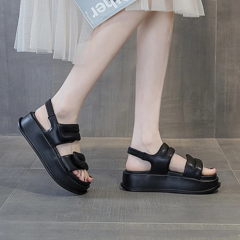 2023 New Summer 6cm Platform Women Sandals Genuine Leather Women Hook&loop Heel Elastic Band Ladies Wedge Chunky Shoes