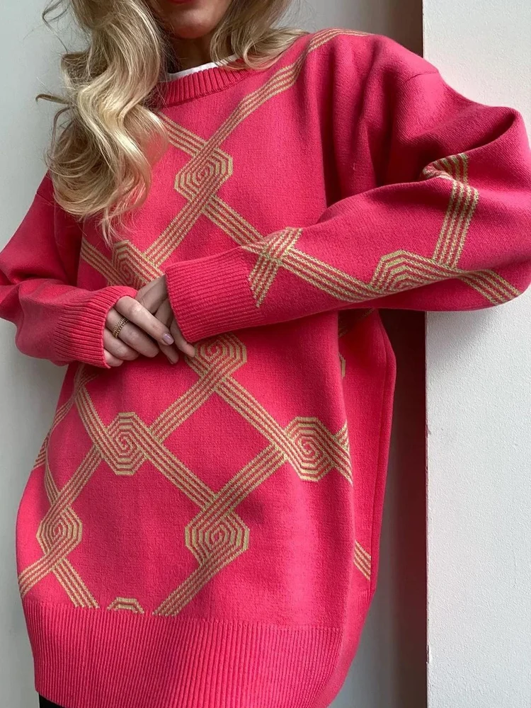 

Green Oversize Sweaters for Women Autumn Loose Knitted Pullover Sweater White O Neck Diamond Top Retro Women's Plaid Long Jumper