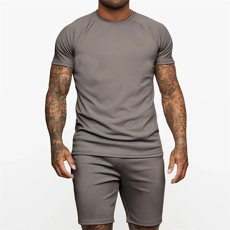 Men Clothing 3D Printed T-shirt Suits Plus Size Solid Color Designer Graphic Round Neck Ropa Short Raglan Sleeve 2 Pieces Summer