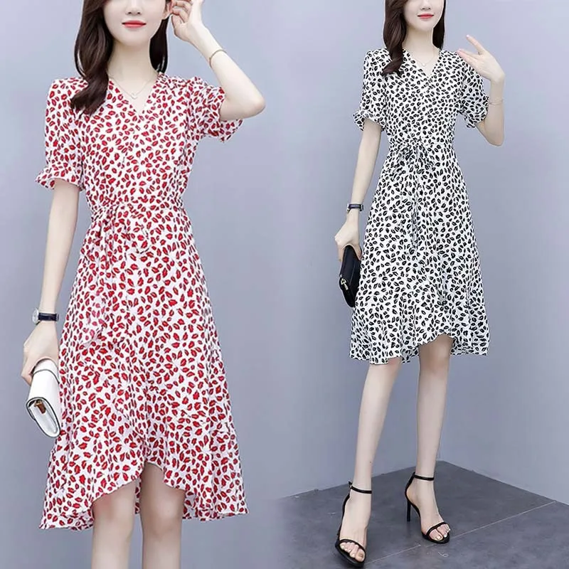 

French Floral Chiffon Dresses For Women 2022 Summer New V-Neck Short Sleeve Print Office Lady Mermaid Dress Vestido De Mujer