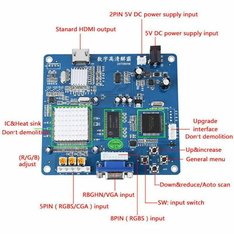 Плата преобразователя видеовыхода HD VGA/RGB/CGA/EGA/YUV в HDMI совместимая с видеовыходом