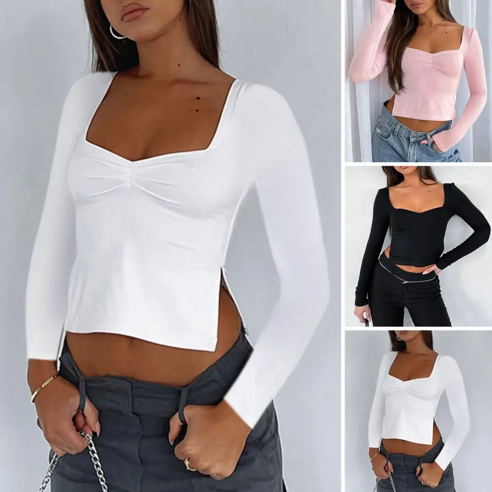 

Women Sexy Slim T-shirt Square Neck Long Sleeve Crop Tops Solid Color Basics Shirts Casual Wear Autumn Clothes Ladies Fashion To