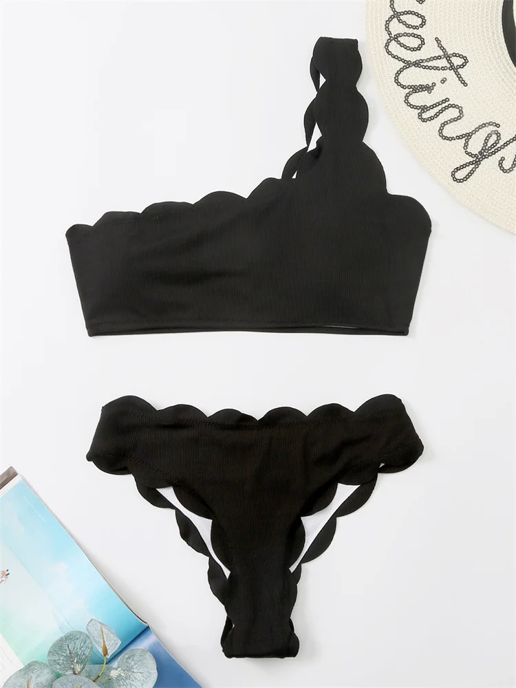 

Bikini Women Swimsuit 2022 New Sexy Solid Black One Shoulder Bikinis Set High Waist Brazilian Swimwear Bathing Swim Suits Summer