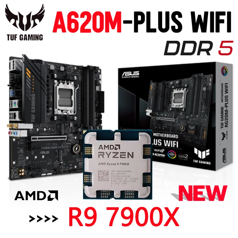 

ASUS TUF GAMING A620M-PLUS WIFI Motheboard 128GB Desktop With AMD Ryzen 9 7900X CPU Combo PCI-E 4.0 DDR5 AM5 M.2 Mainboard