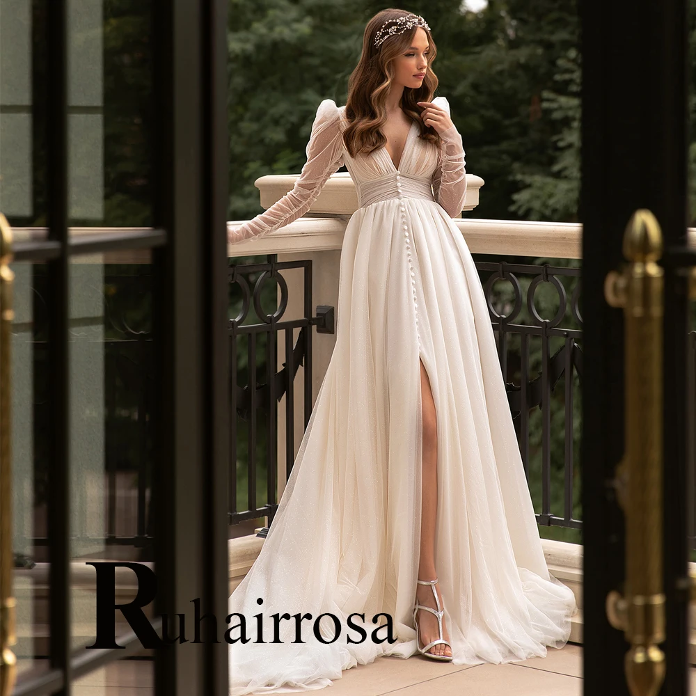 

Ruhair Simple Long Sleeve Illusion Pleat Wedding Dress 2023 Mariages Tulle Button Slit Vestidos De Novia Formal Brides Gown