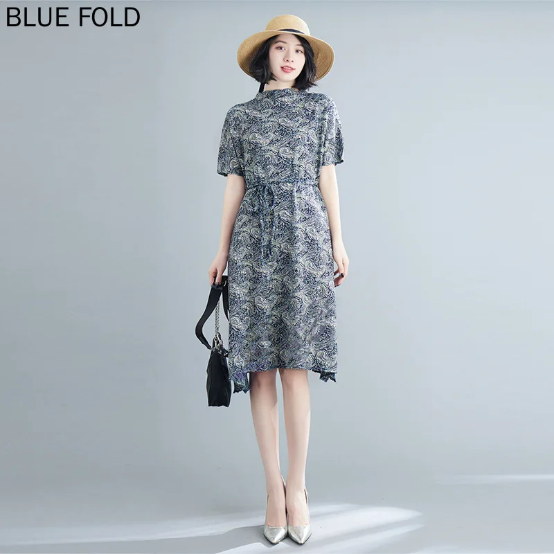 

Korean Summer Retro Elegant Round Neck MIYAKE Pleated Waist Mid-length Loose Ink Print Dress PLEATS Vestidos Robe Femme Vetement