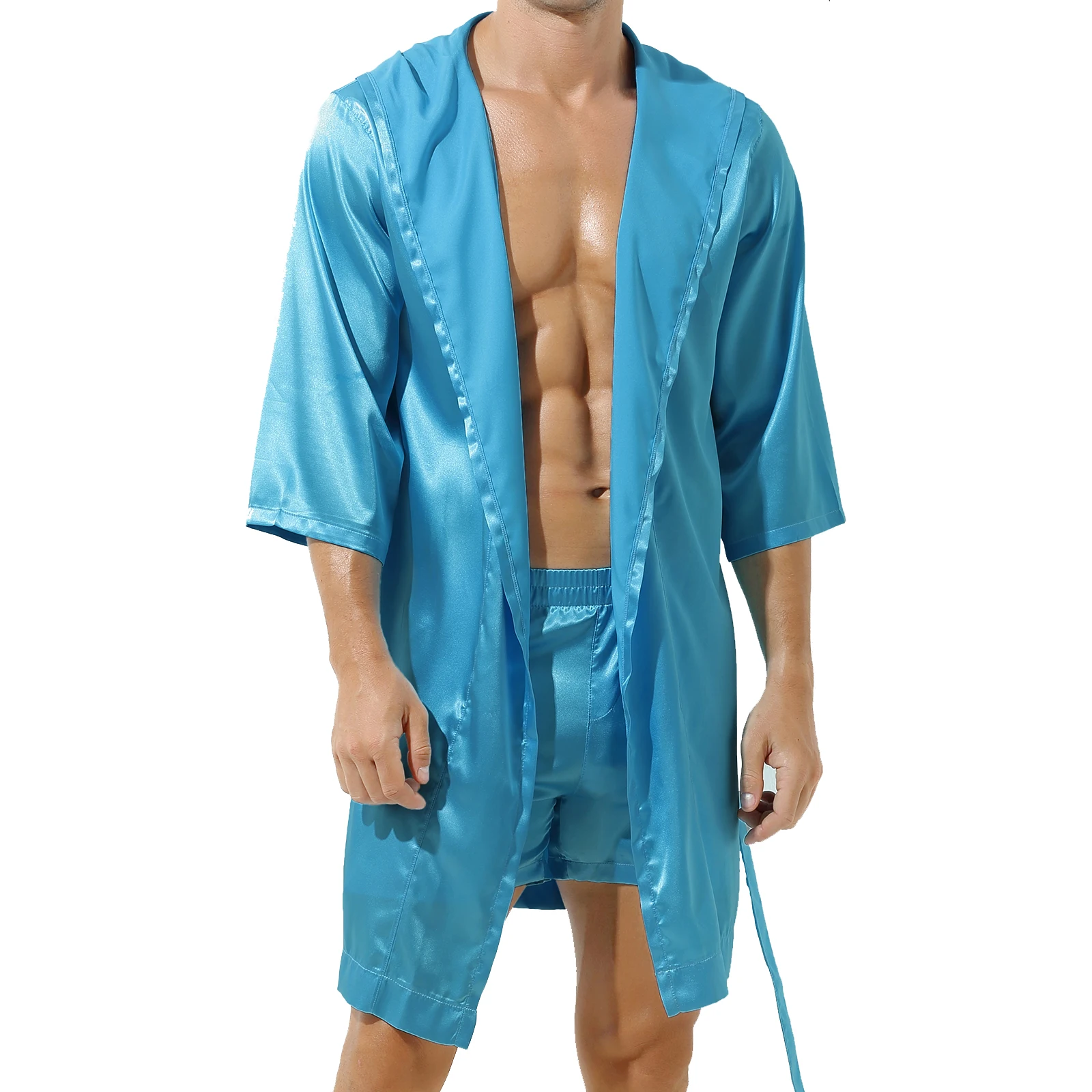 Mens Robe Sets Loungewear Open Front Hooded Night-robe Satin Sleepwear Belted Kimono Half Sleeve Bathrobe Nightwear