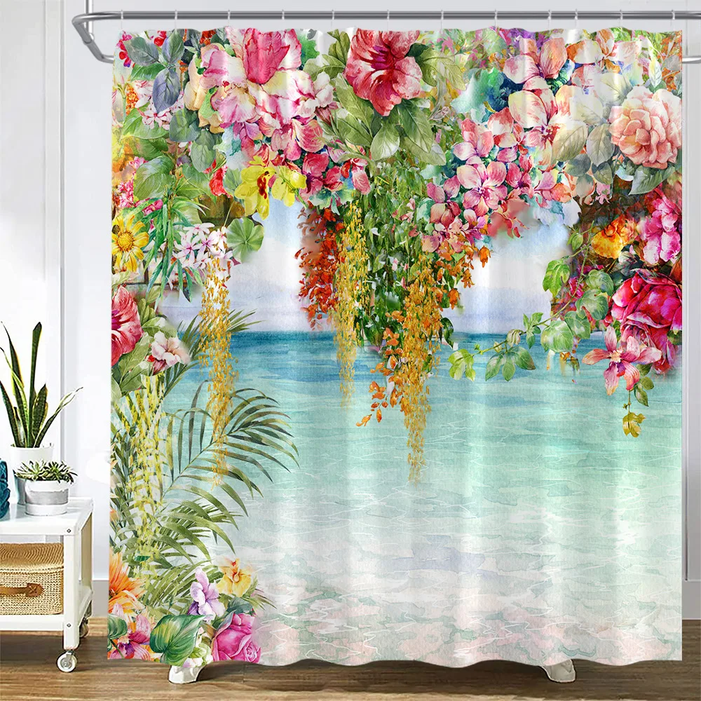

Flower Shower Curtains Watercolour Floral Tropical Plant Green Leaves Ocean Spring Garden Scenery Fabric Home Bathroom Decor Set