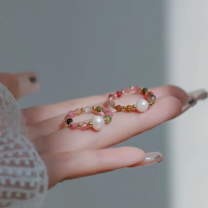 

Minar Wholesale Multicolor Crystal Beaded Finger Ring for Women Girls Elastic Round Pearl Charm Rings Every Day Accessories