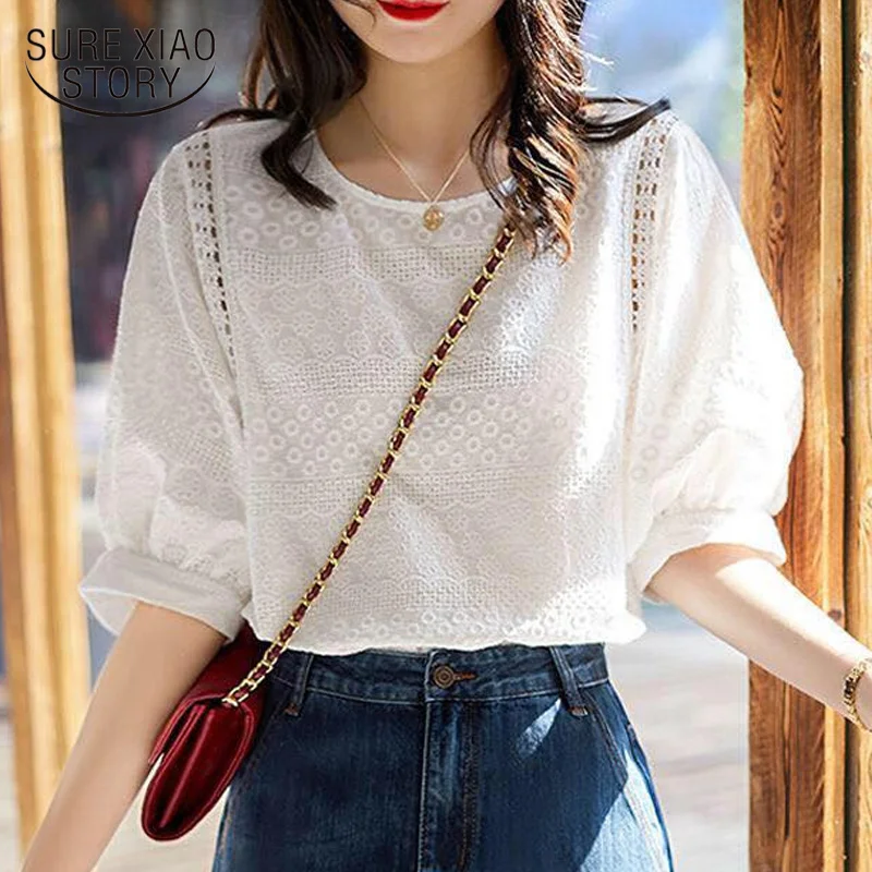 

2022 Summer New Korean Fashion Women's Lantern Sleeve Loose Shirts Embroidery Cotton Lace O-neck Casual Blouses Plus Size 13440