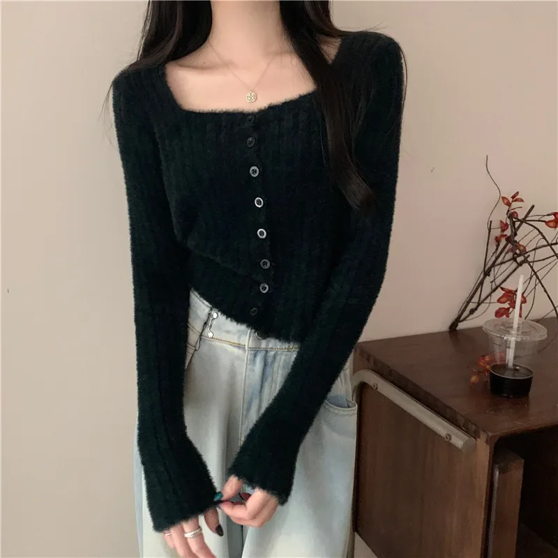 Женский трикотажный топ с квадратным вырезом укороченный длинным рукавом из