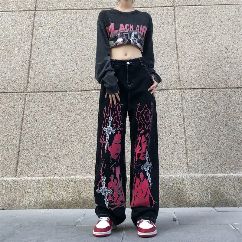 

Women's hip-hop dark color printed jeans y2k high waist loose American street style straight tube casual retro trend jeans