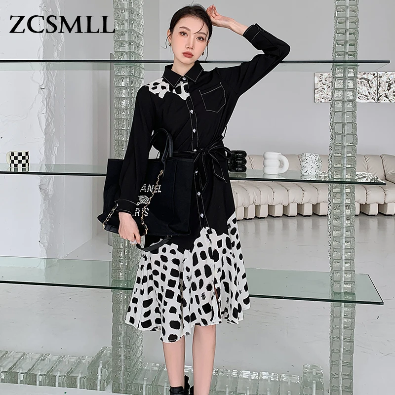 

Черные платья-рубашки ZCSMLL в стиле пэчворк на пуговицах для женщин, осень 2021, корейская мода, ТРАПЕЦИЕВИДНОЕ женское платье до колена с длинн...