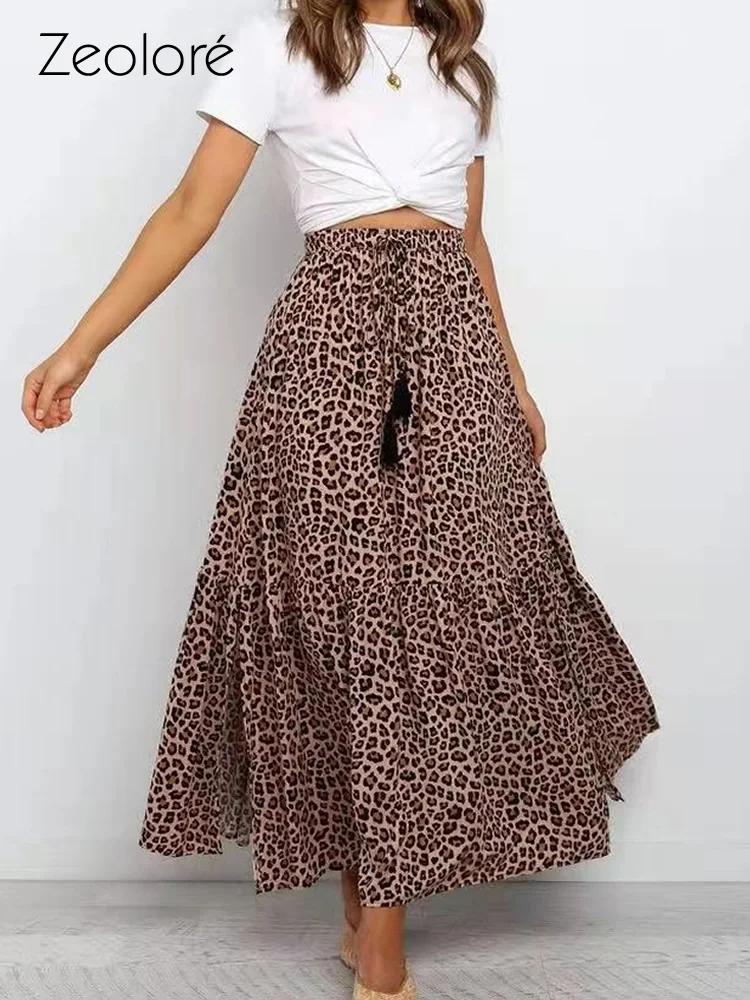

Zeolore Elastic High Waist Brown Leopard Print A-line Skirt QT1674