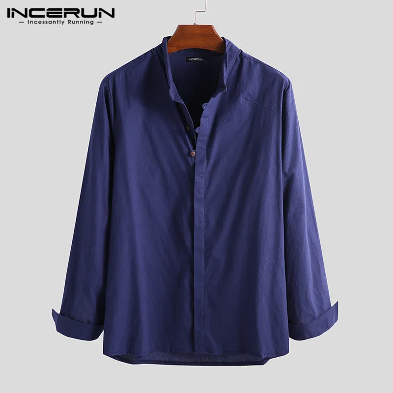 INCERUN Chinese Style Men's Casual Cotton Shirts Retro Stand Collar Male Solid Color Comfortable New Literary Loose Blouse S-5XL