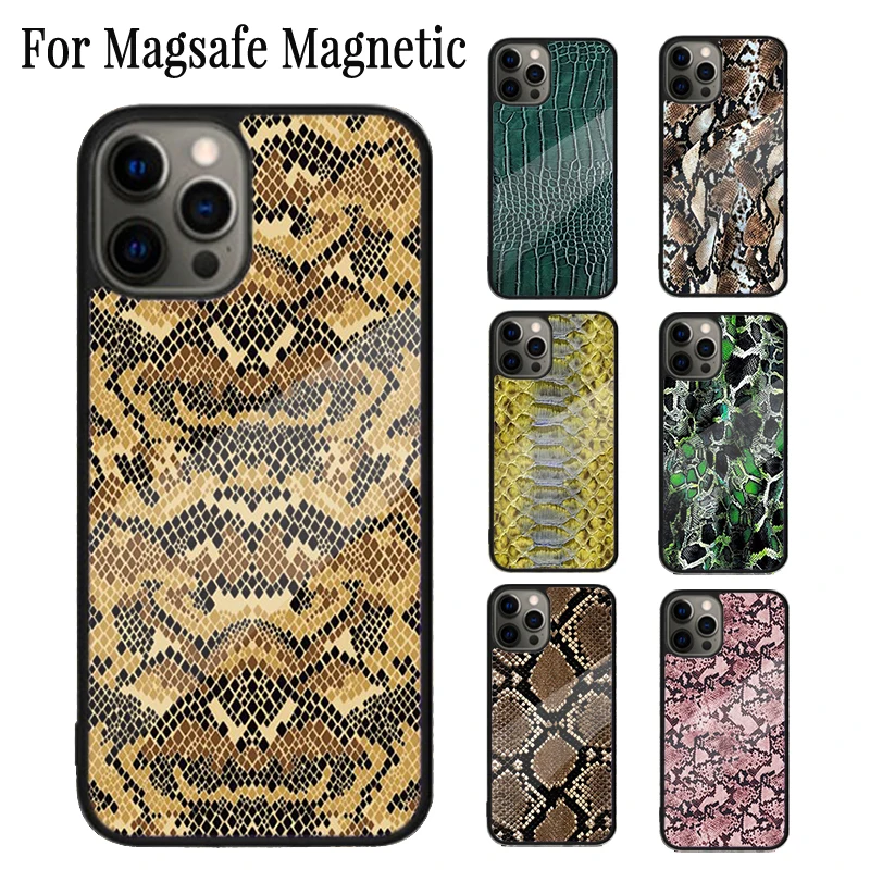 Магнитный чехол для телефона под змеиную кожу Кобра питона iPhone 16 15 14 Plus 13 12 Mini 11 Pro