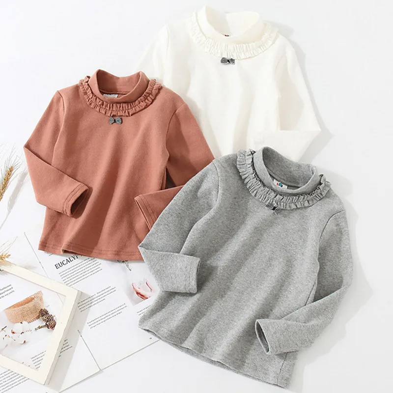 

Детская Хлопковая футболка с длинным рукавом, однотонная Базовая футболка с круглым вырезом и бантом для девочек 2, 3, 4, 6, 8, 10 лет, весна-осень-зима 2022