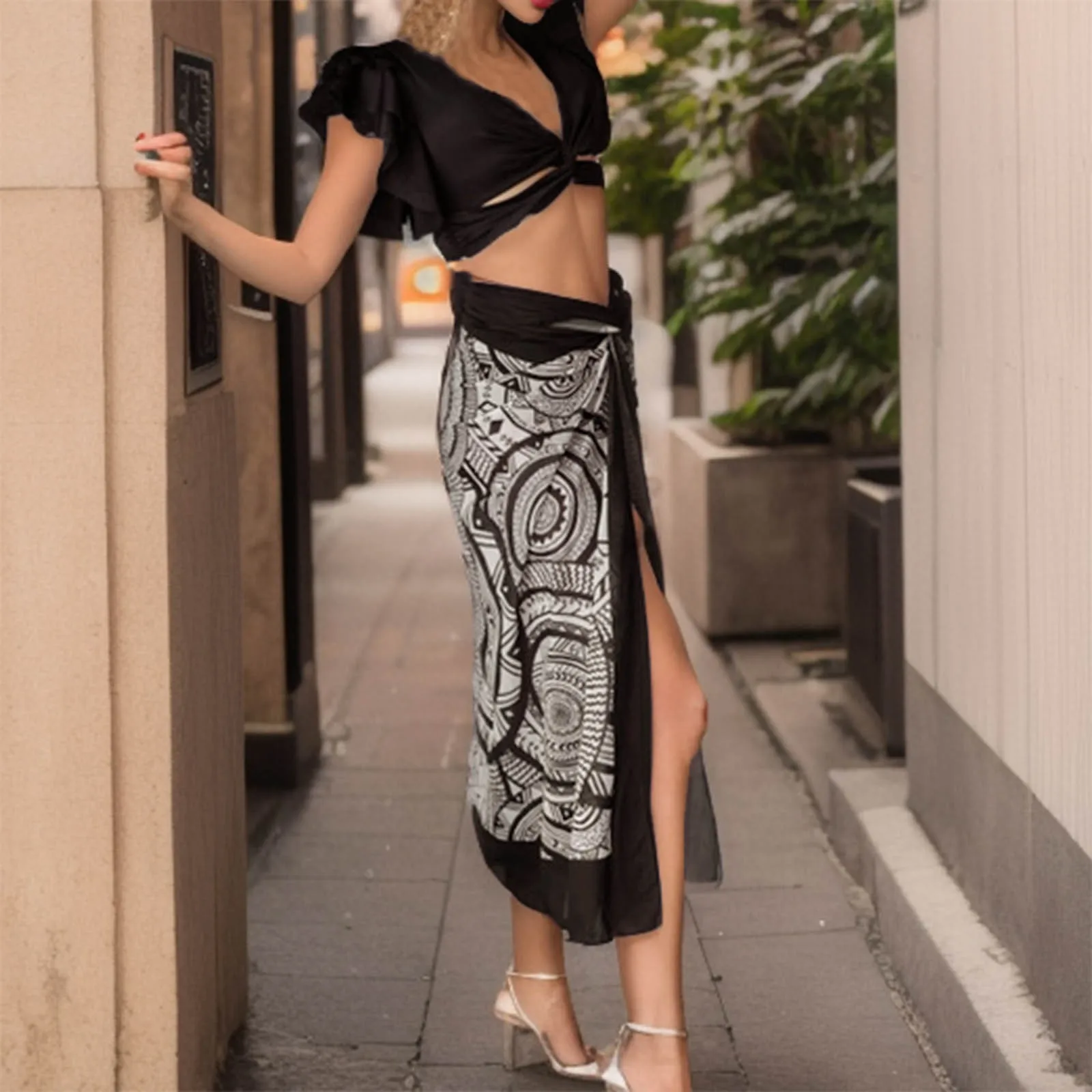 

2023 New Retro Hig Waisted Split Swimsuit Female Ruffle Swimsuit Chiffon Beach Skirt Bathing Suits for Women Leopard