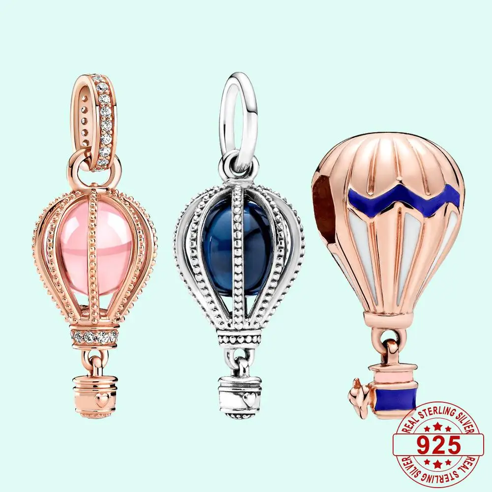 

925 ALE Sterling Silver Sparkling Hot Air Balloon Charm Pendants Fits Pandora Women Bracelet Jewelry DIY Gifts Making