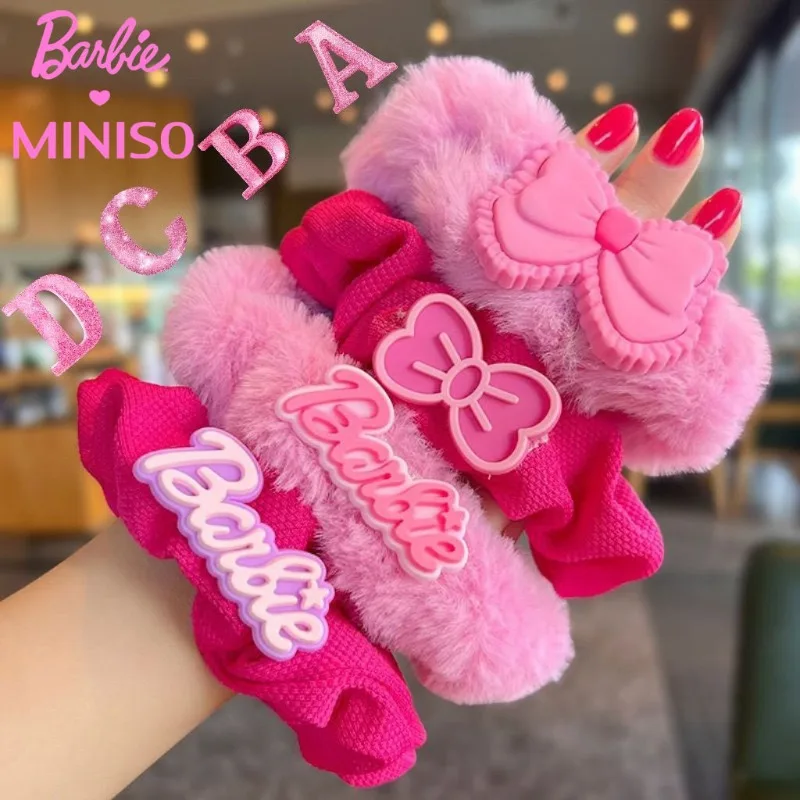 

2023 New MINISO Barbie Hair Accessory Girl Hair Clips Y2k Accessories Plush Hair Tie Dopamine Anime Kawaii Cute Things for Girls