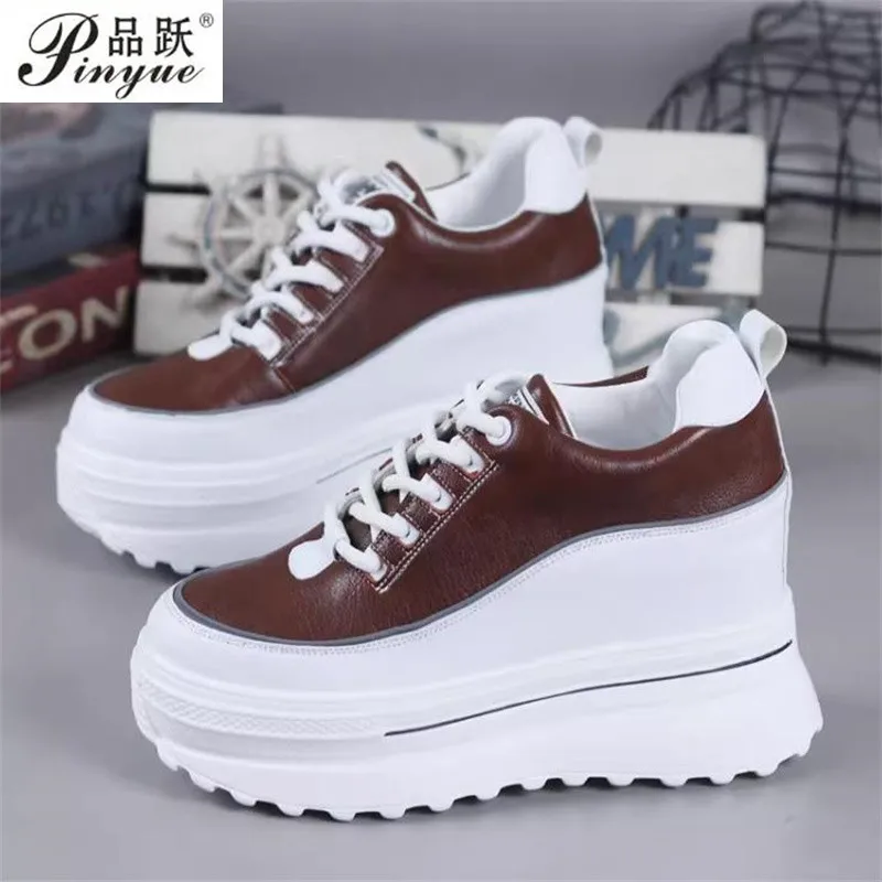 

Women Sneakers High Platform Shoes 10cm Wedge Heels Outdoor Vulcanized shoes Spring Leather Chunky Shoes Lace-up Casual shoes 40