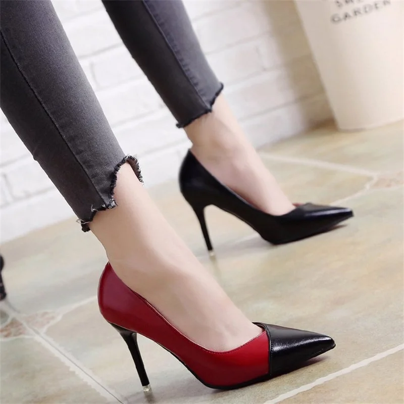 

Women Pumps For OL Shoes Fashion Spell Color 9CM High heels Single Shoes Female Spring Summer Patent Leather Wedding Party Shoe
