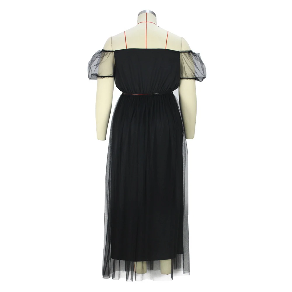 Plus Size Skirts Sets for Women Large Black Mesh Crop Tops & Long Skirts Sexy Elegant Evening Night Party Club 2 Pieces Sets Big