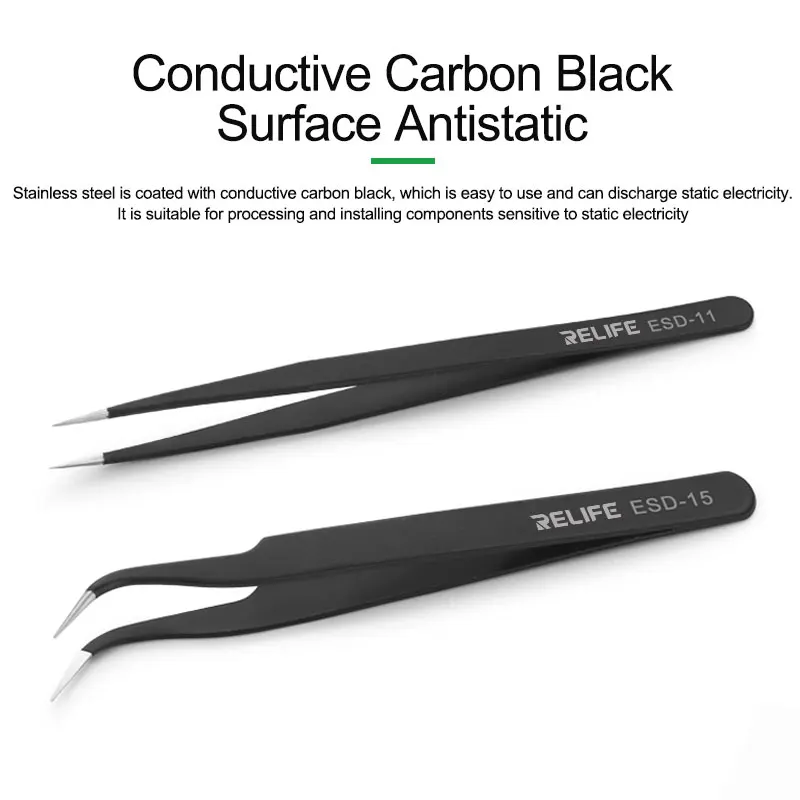 

RELIFE Anti-Static ESD Stainless Steel Tweezers Maintenance Tools Industrial Precision Curved Straight Tweezers Repair Hand Tool
