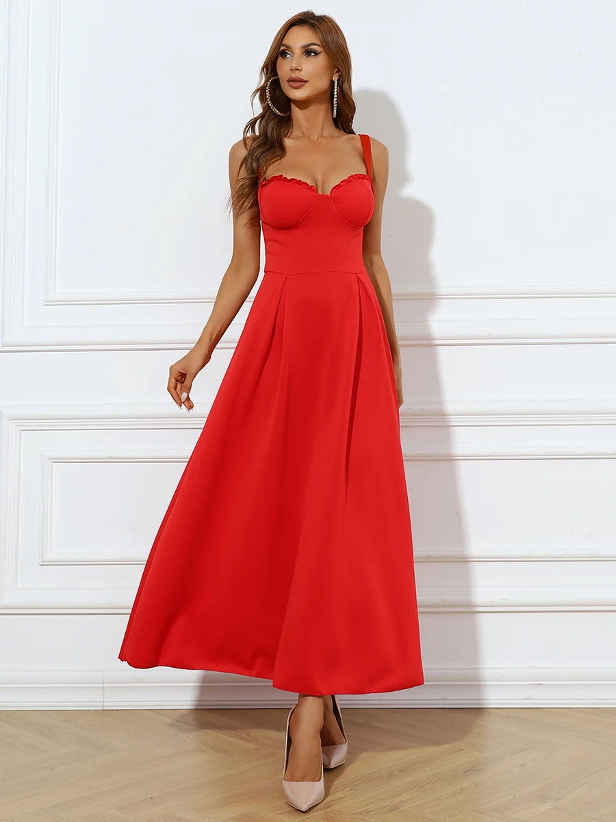 Spaghetti Strap Wedding Party Dress Red Long Dress Sexy V-Neck Robe Ball Gown for Wedding Cocktail Party Bachelor Party