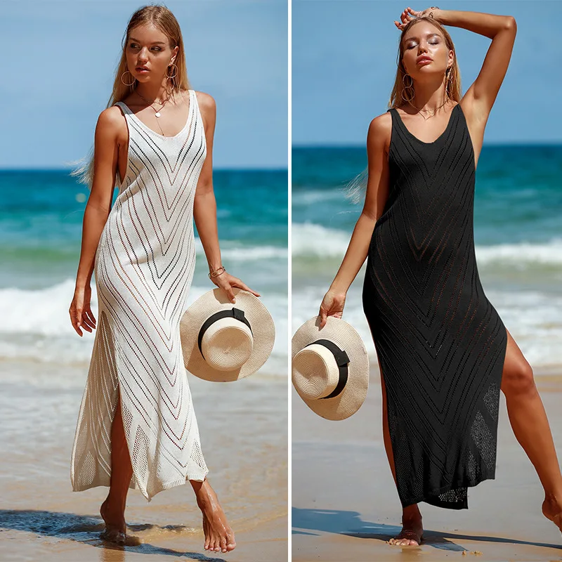 

Holiday Sexy Backless V-neck Solid Color Knit Long Dress Beach Sunscreen Blouse