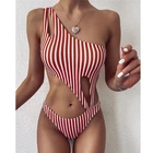 2022 пикантный Цельный купальник, купальный костюм с лямкой на шее, на одно плечо, Классический Полосатый Женский комплект