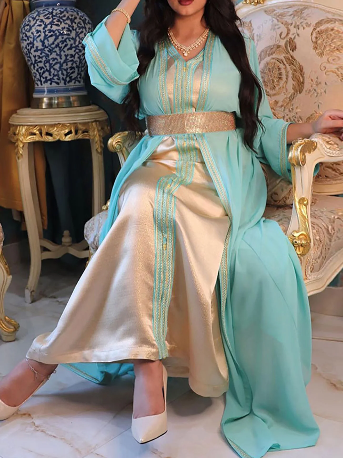Diamonds Moroccan Takchita Kaftan Chiffon Overdress Satin Inner Dress Arabic Party Wear Wedding Ball Gown Muslim Ramadan Abaya