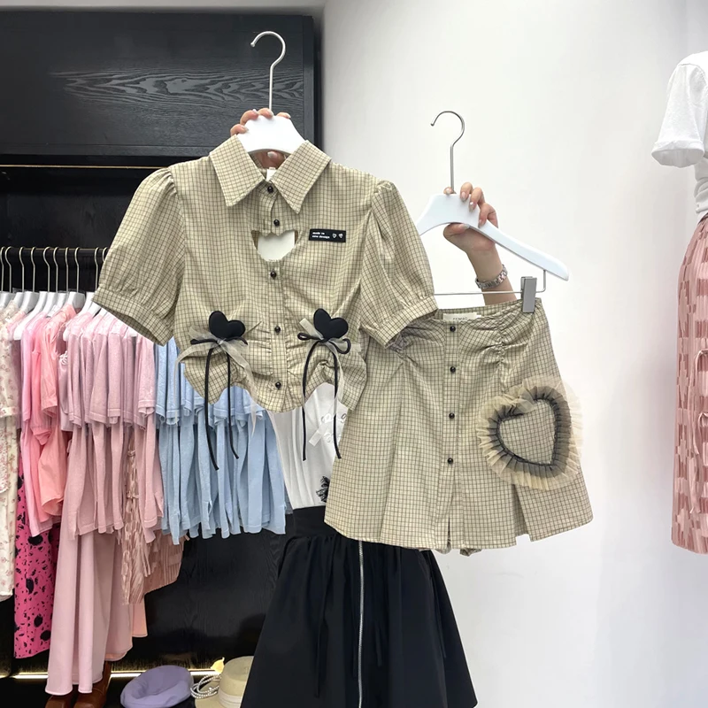 

Women Summer Two 2 Piece Set Korean Style Elegant Polo Collar Short Sleeve Shirt Short Skirt Suit