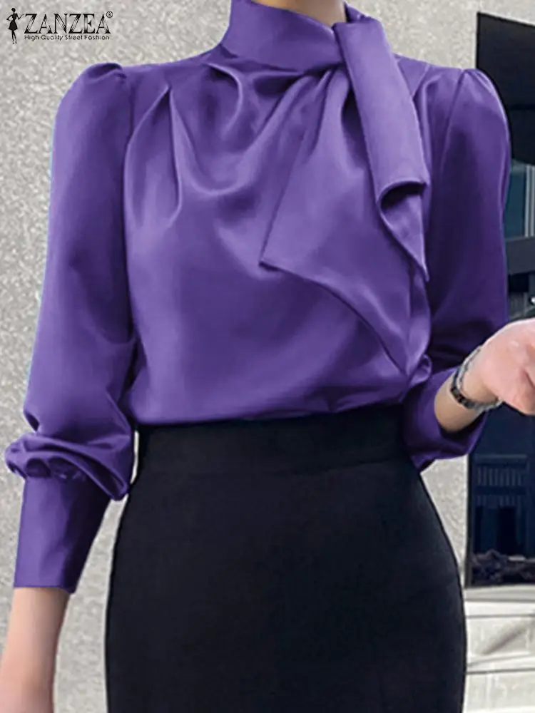 

Женские свободные топы ZANZEA с высоким воротником, туника, Женский пуловер с длинным рукавом, атласная блузка, весна-осень 2023, женские блузы