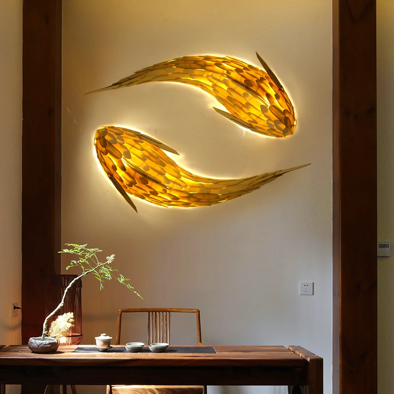 Creative Wooden Wall lamp Chinese Style Handmade Decorative Lamp Hotel Villa Art Wall Fish-shaped Wall Lamp Restaurant