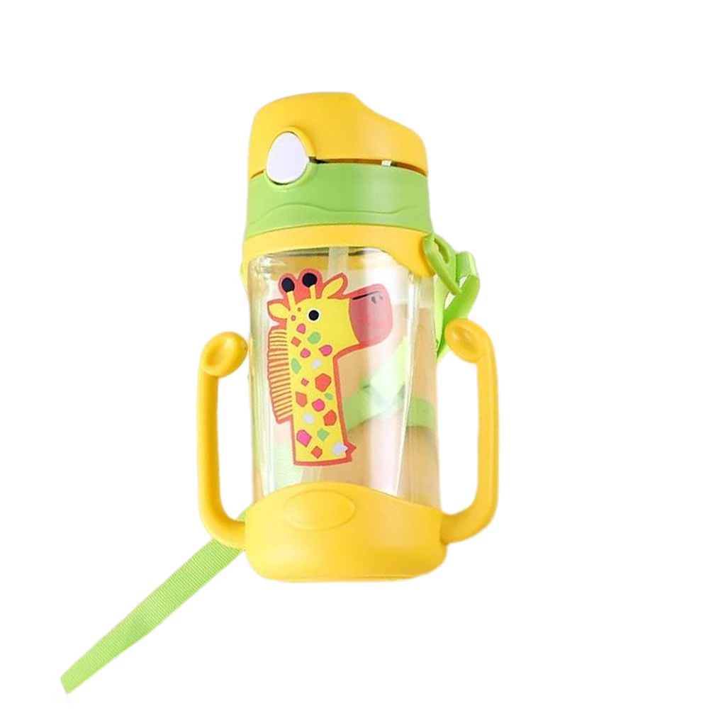 

Straw Cup with Strap Kids Hanging Two Handles Good Sealing Drinking Bottle Cartoon Pattern Safe Bottle Cups for Outdoor