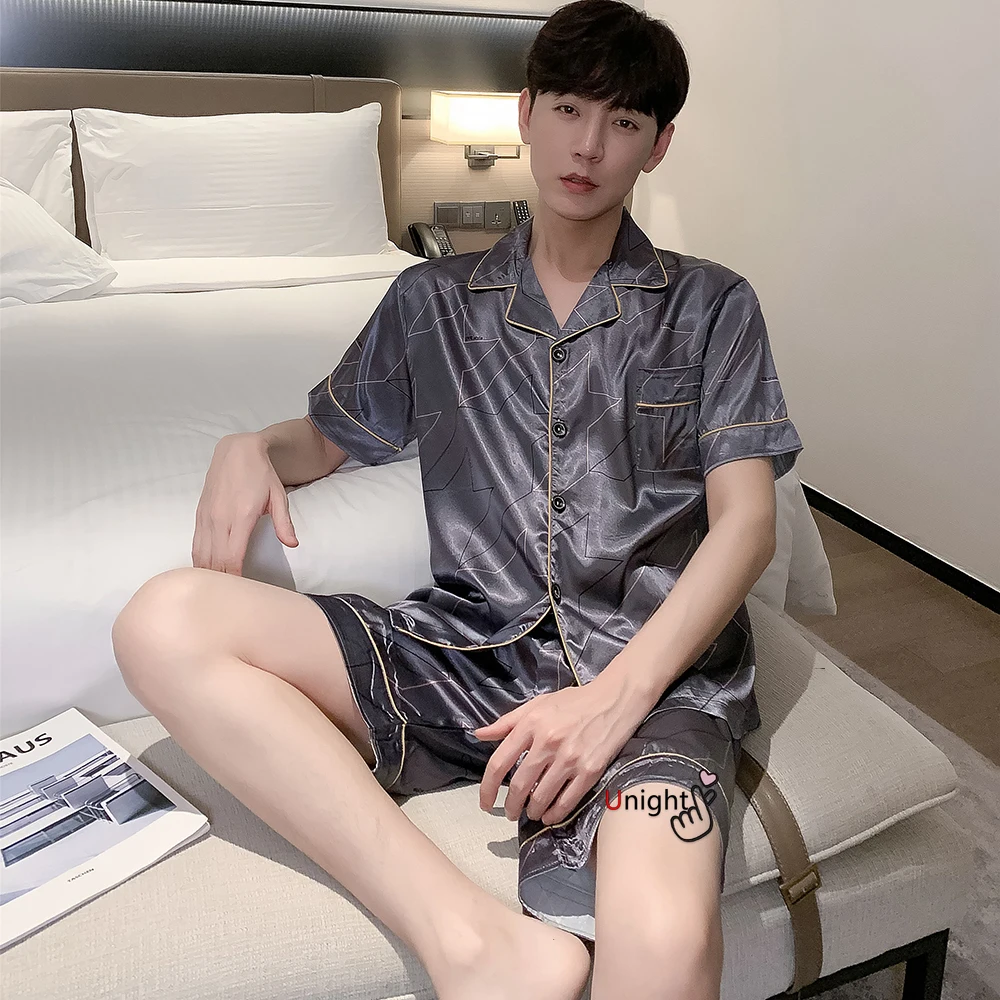 Мужской летний костюм из двух предметов атласная пижама с отложным воротником и