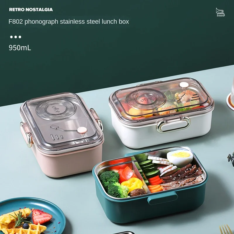 

304 Stainless Steel Lnsulated Lunch Box Phonograph Shape Seal Crisper Two Grids 950ml Microwave Heating Portable Hot Sales