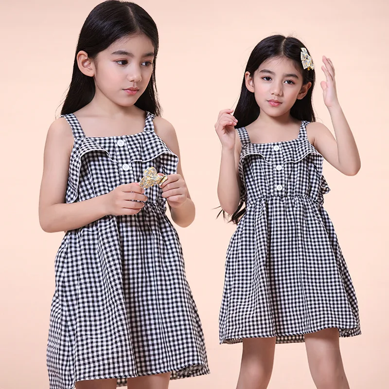 

Middle and Large Children's Clothing 2022 Summer New Checkerboard Plaid Sling Ruffle Dress 7-12y Kids Dresses for Girls