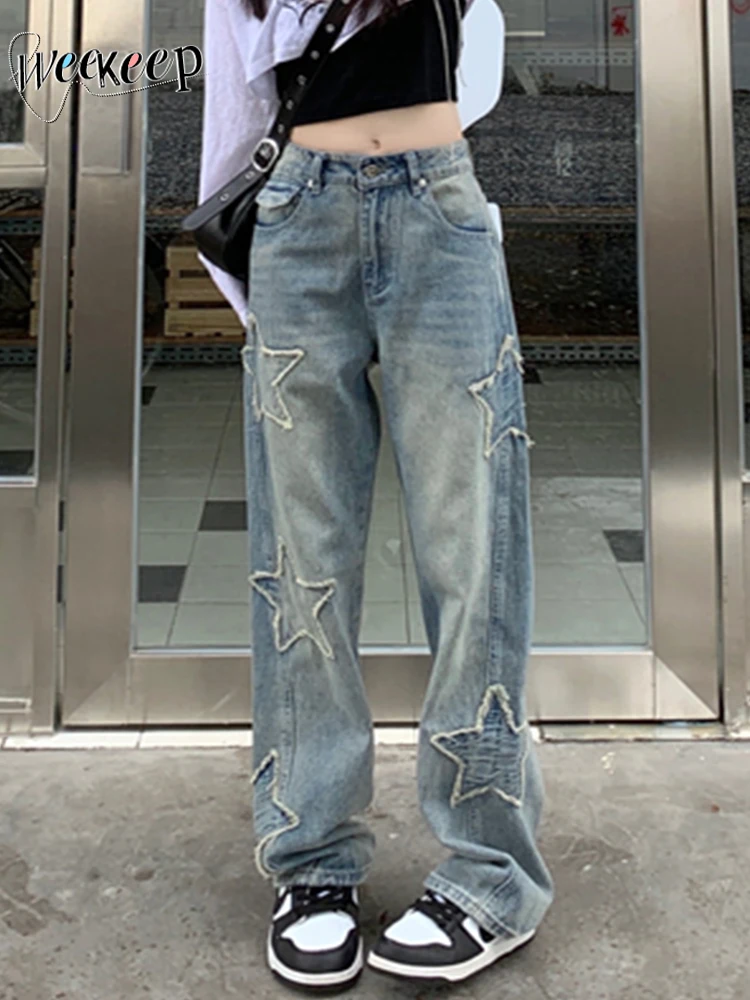 

Weekeep y2k Star Patchwork Jeans Women Streetwear Low Rise Straight Leg Denim Cargo Pants Baggy Harajuku Vintage Casual Jean 90s