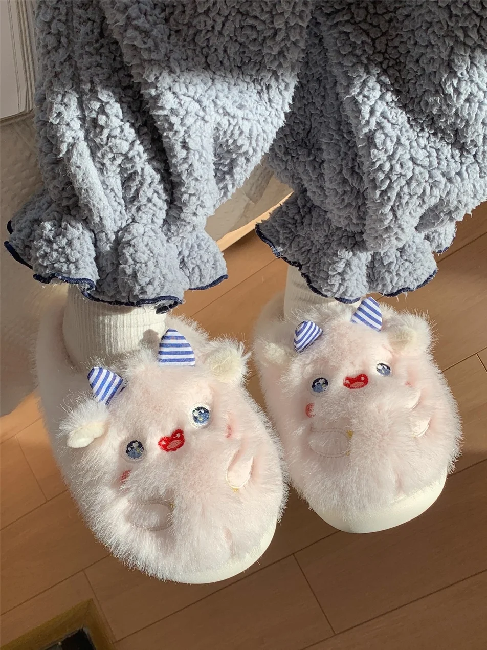 Cute Soft Monster Cotton Slippers Women's Winter Ins Man Couple Slipper Home Anti-skid Thick Soled Plush Slipper