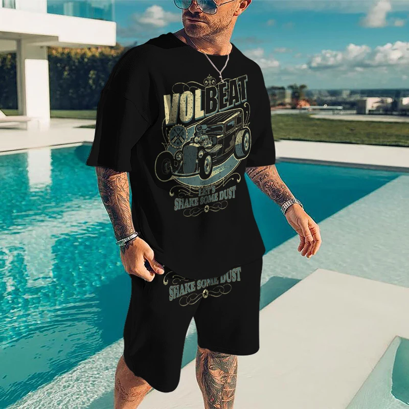 Summer men's casual street beach shorts set 3D printing color sports home round neck street short sleeve two-piece set