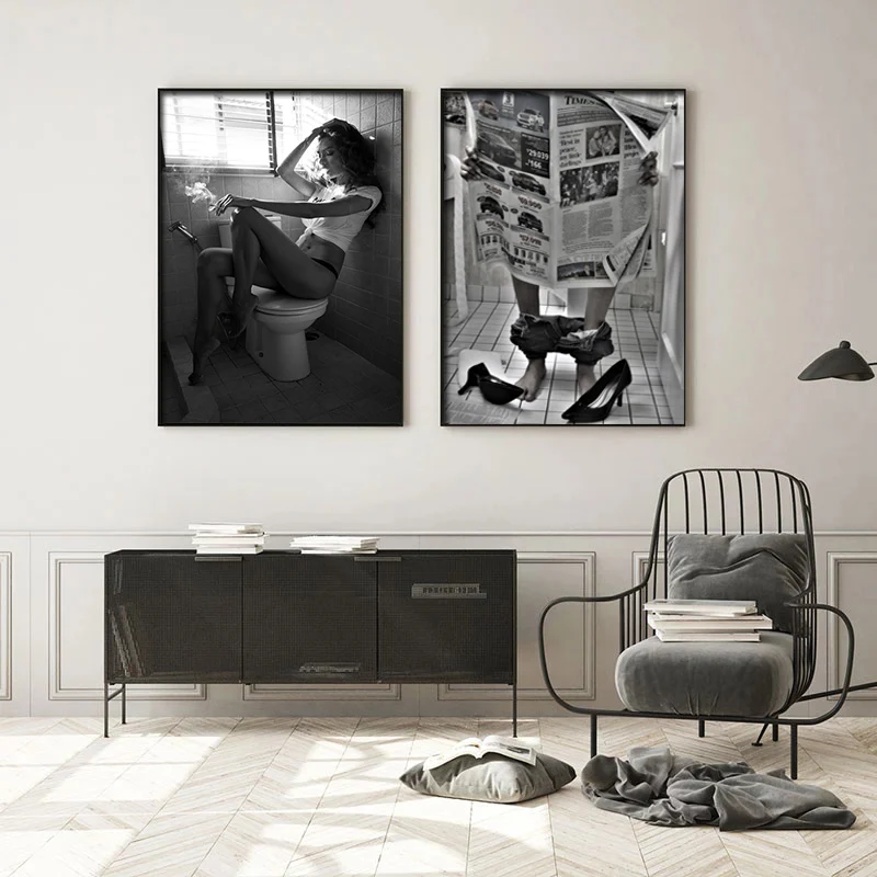 

Modern Sexy Woman Poster Smoking And Drinking In Restroom Frameless Canvas Painting Mural Toilet Decoration
