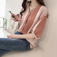 casual all match striped half sleeve chiffon shirts for women summer sexy v neck single breasted loose blouse female clothes 4xl