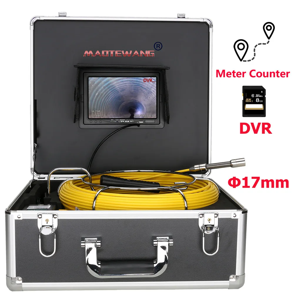 

20M Sewer Pipe Inspection Video Camera with Meter Counter 17mm 8GB SD Card DVR IP68 Drain Sewer Pipeline Industrial Endoscope 7"