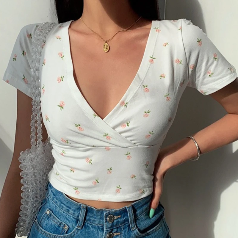 

Y2K Vintage Floral Cross Crop Top T-shirt Women Cropped Slim Short Sleeve V-neck Sexy Summer Clothes Tee Shirt Femme Woman Tops